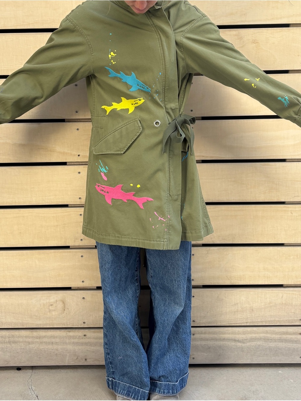 Army green patchwork trench coat